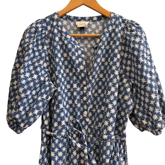 Universal Thread Blue Star Jumpsuit Puff Sleeve L Cotton Belted Boho Cottagecore - Picture 2 of 9